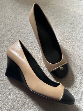 Tory Burch Beige and Black Cap-Toe Wedge Heels!